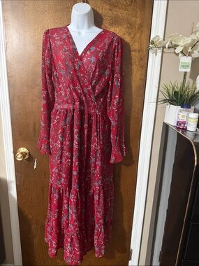 Women's Red Floral Wrap Maxi Dress